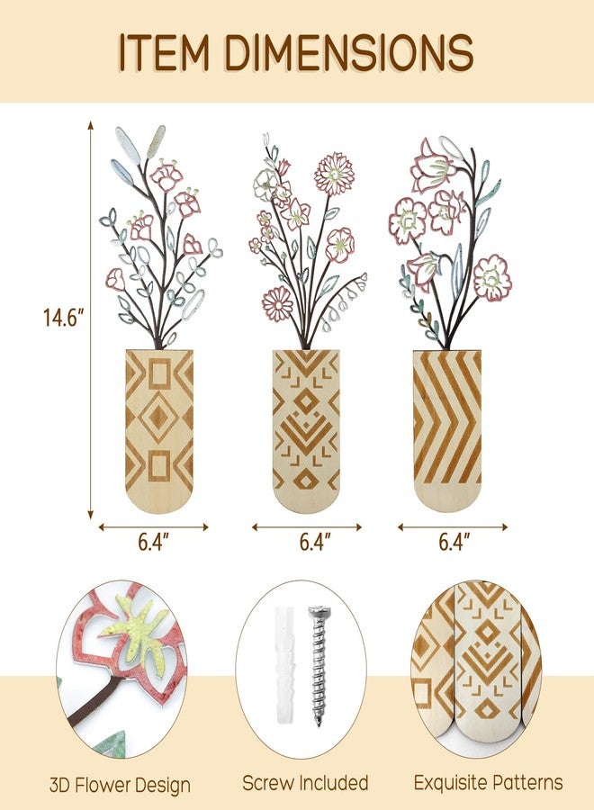 Meltset M 3 Piece Wood and Metal Flower Wall Decor, Rustic Farmhouse & Boho Wall Art for Living Room Bedroom Dining Room Bathroom, Minimalist Modern Hanging Sculptures, Housewarming Gifts - Image 3